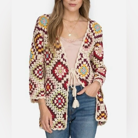 Johnny Was Granny Square Crochet Stevie Cardigan Sweater Size Medium - Picture 2 of 9